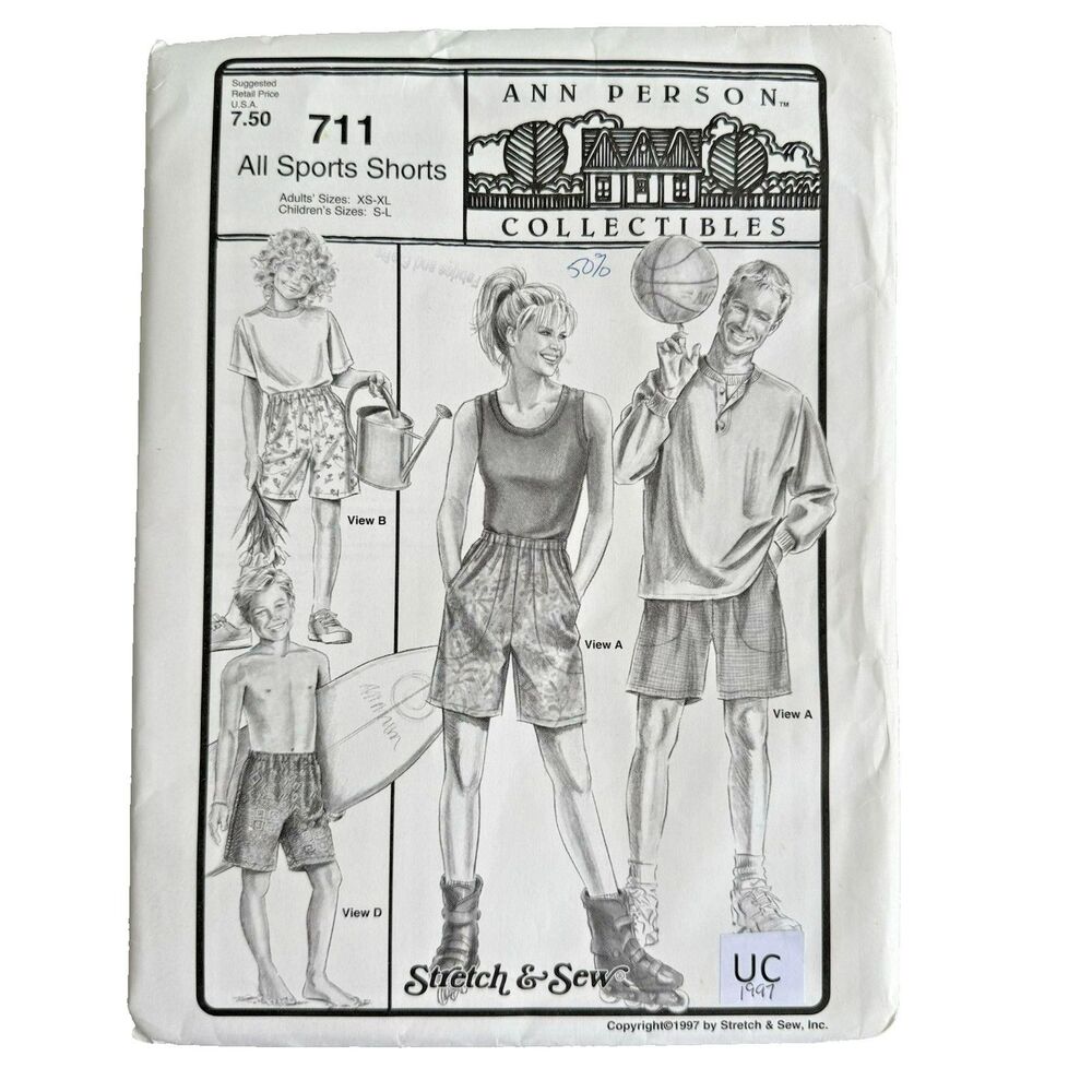 Vtg Stretch & Sew 711 Sewing Pattern ALL SPORTS Shorts & Swim Trunks Kids Adults